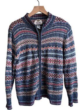 2001 Y2K Vintage Tiara International SZ L Blue Nordic Fair Isle Knit Sweater